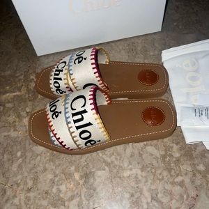 Chloe woody linen logo flats multicolored stitching size 10